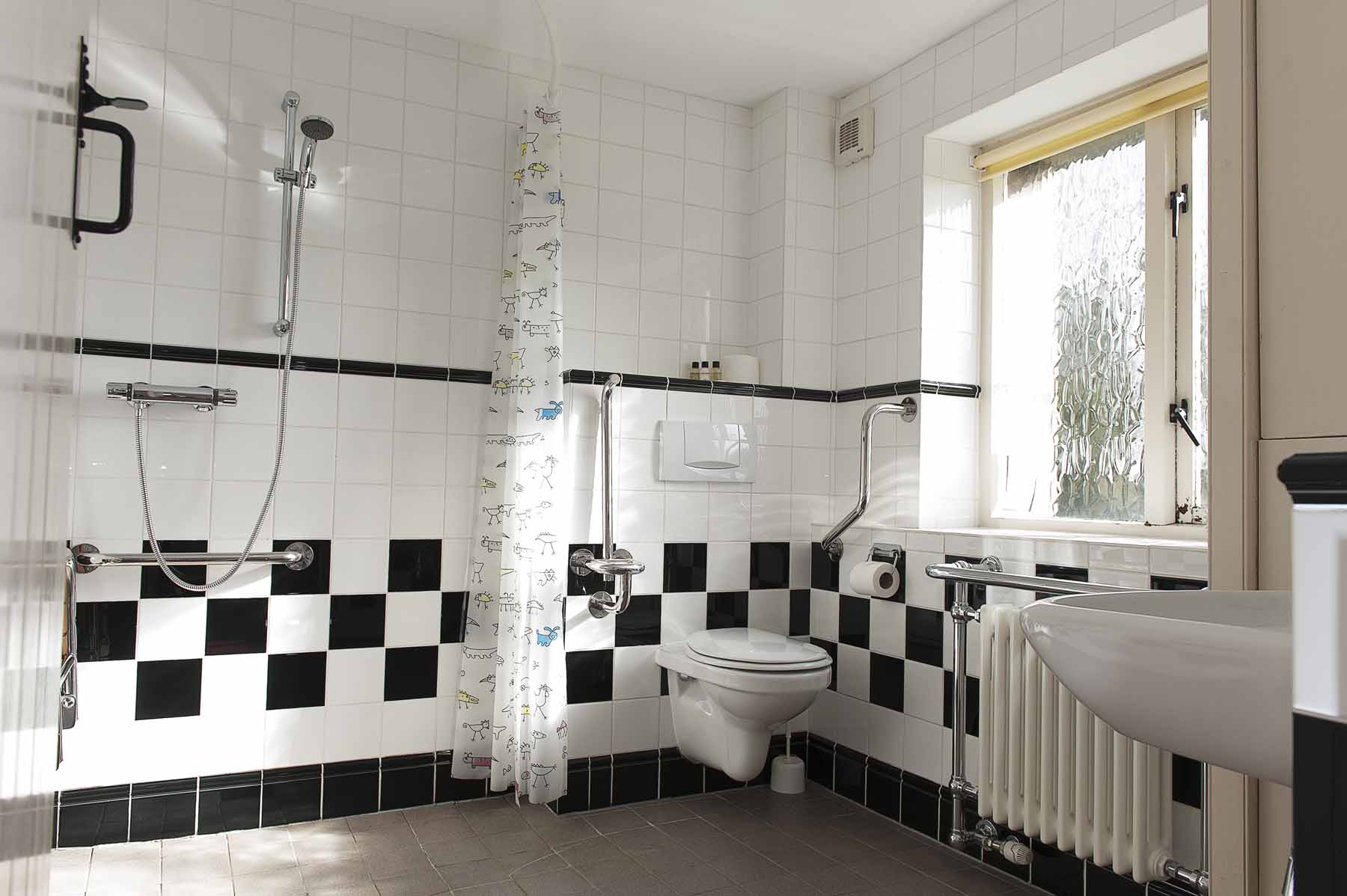 On-suite. Bathroom. Checked black and white tiles on the wall. Large mirror, sink. Toilet. Accessible shower. Wet room. Shower curtain.